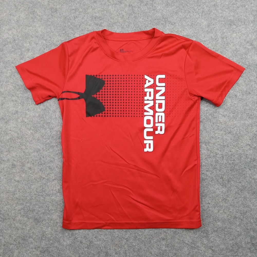 Under Armour Shirt Youth 7 Red Short Sleeve Athletic Training Graphic Logo Tee